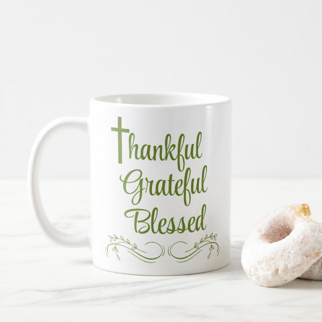 Thankful Grateful Blessed Thanksgiving Quote Coffee Mug (With Donut)