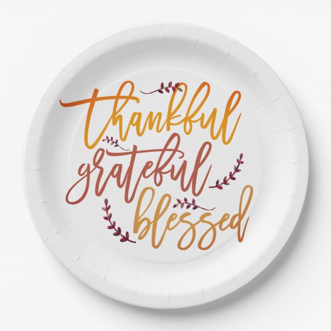 Thankful Grateful Blessed Thanksgiving Typography Paper Plates (Front)