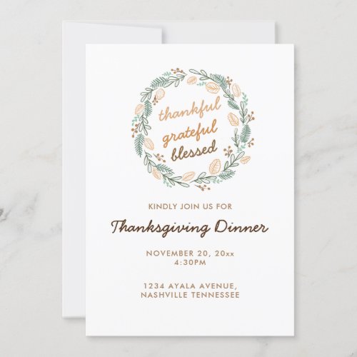 Thankful Grateful Blessed Thanksgiving wreath Invitation