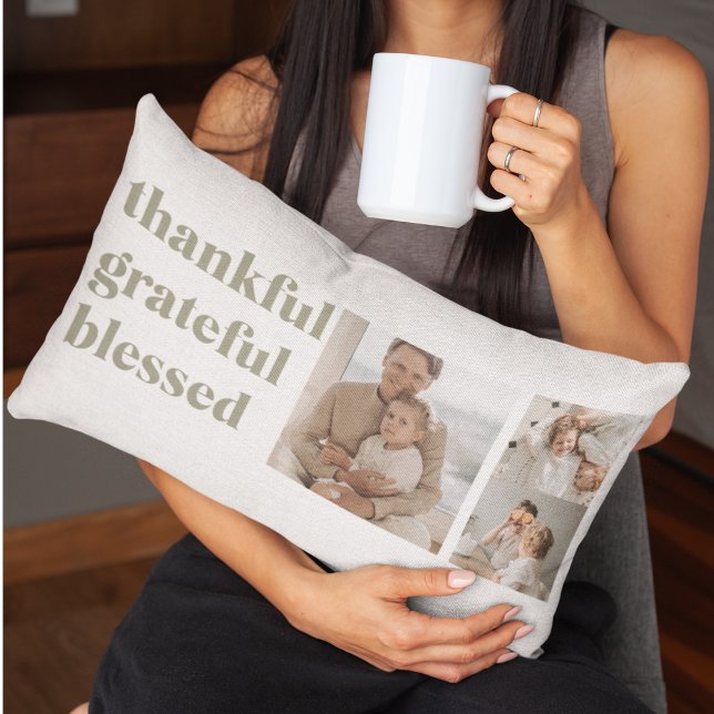 Thankful Grateful Blessed | Three Photo Collage  Lumbar Pillow (Creator Uploaded)