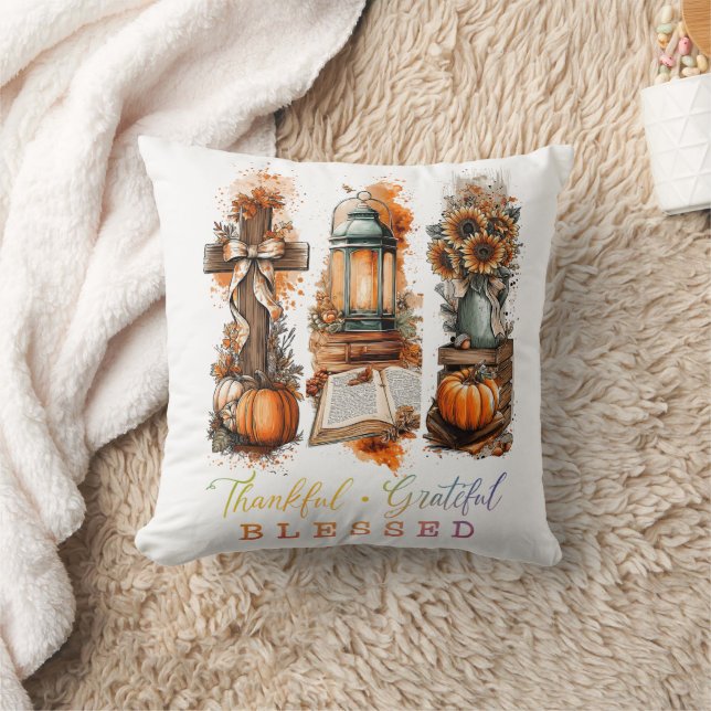 Thankful Grateful Blessed  Throw Pillow (Blanket)