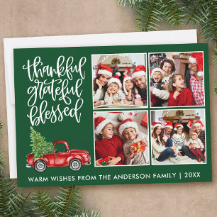 Thankful Grateful Blessed Truck 4 Photo Green Holiday Card