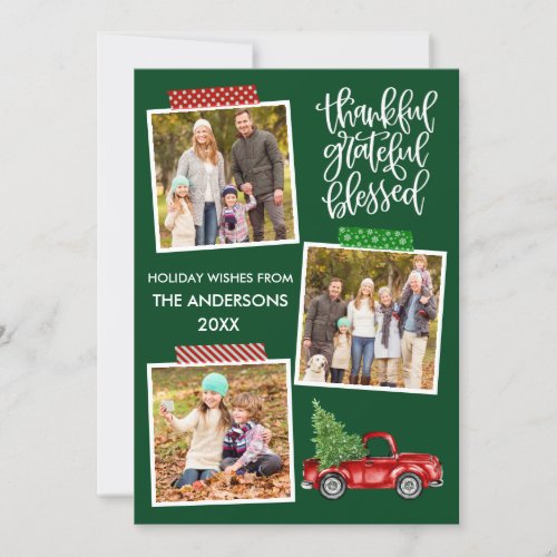 Thankful Grateful Blessed Truck Tape Photo Green Holiday Card