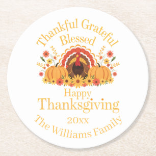 Thankful Grateful Blessed Turkey Round Paper Coaster