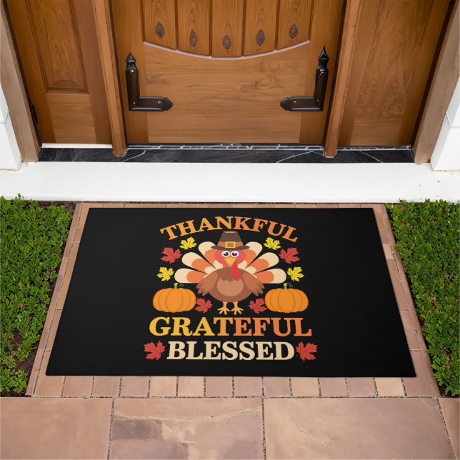 Thankful Grateful Blessed Turkey Thanksgiving Doormat (Outdoor)