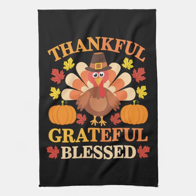 Thankful Grateful Blessed Turkey Thanksgiving Kitchen Towel (Vertical)