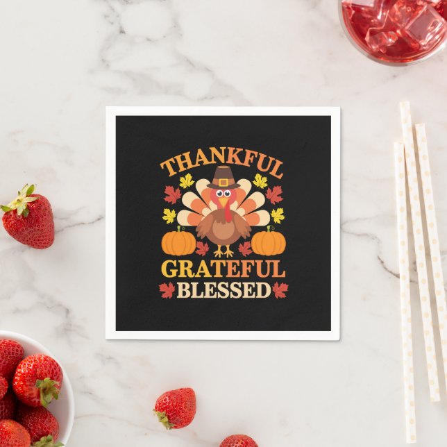 Thankful Grateful Blessed Turkey Thanksgiving Napkins (Insitu)