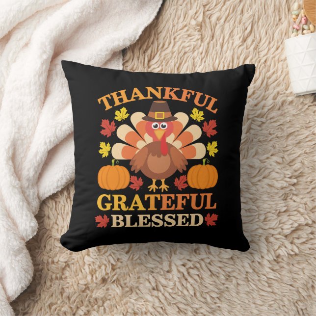 Thankful Grateful Blessed Turkey Thanksgiving Throw Pillow (Blanket)