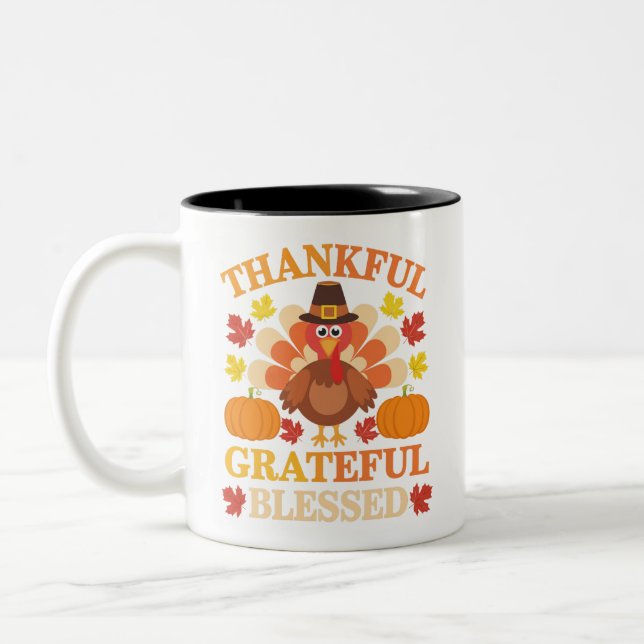 Thankful Grateful Blessed Turkey Thanksgiving Two-Tone Coffee Mug (Left)