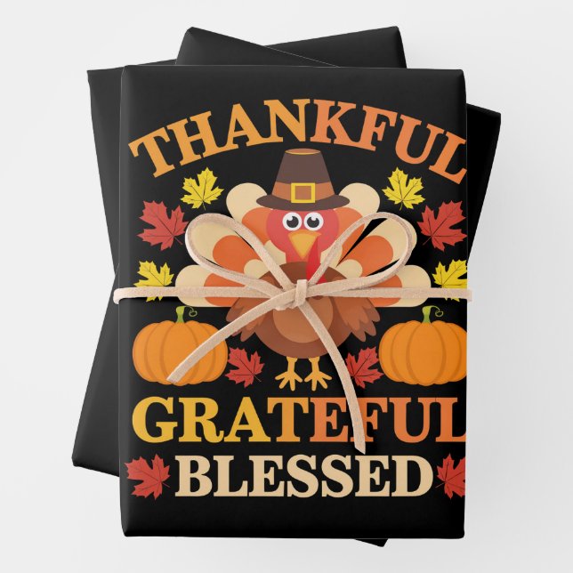 Thankful Grateful Blessed Turkey Thanksgiving Wrapping Paper Sheets (In situ)