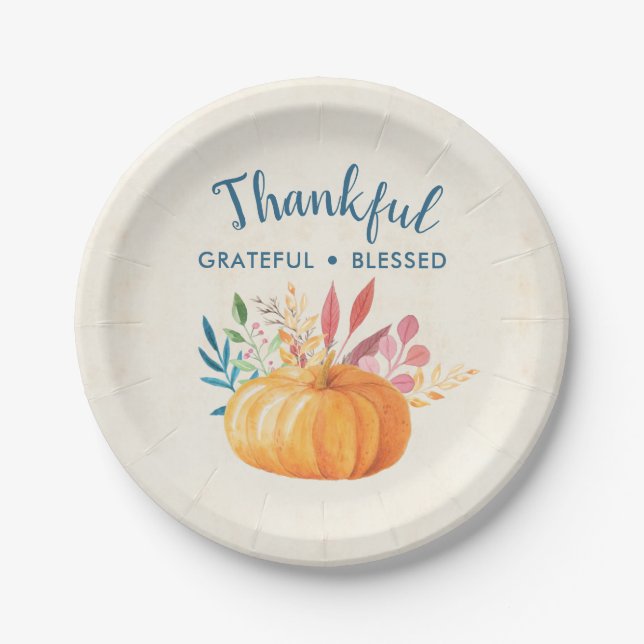 Thankful Grateful Blessed Typography Thanksgiving Paper Plates (Front)
