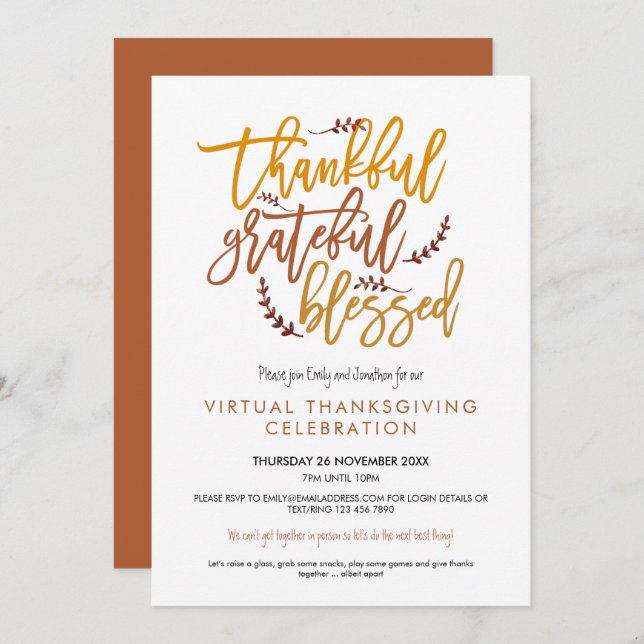 Thankful Grateful Blessed Virtual Thanksgiving Invitation (Front/Back)