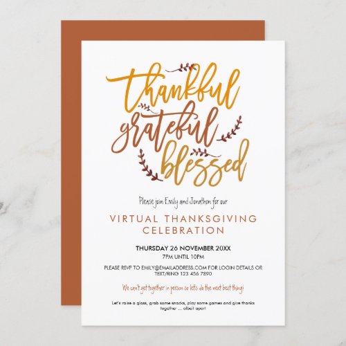 Thankful Grateful Blessed Virtual Thanksgiving Invitation
