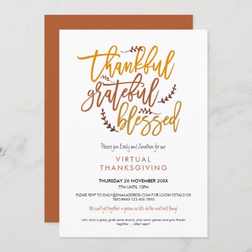 Thankful Grateful Blessed Virtual Thanksgiving Invitation