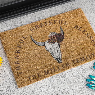 Thankful Grateful Blessed Western Friendsgiving Fiber Doormat