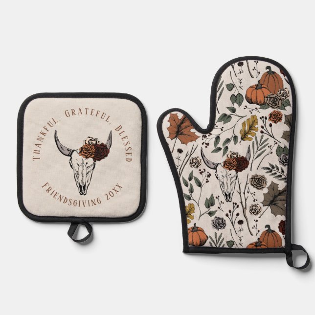 Thankful Grateful Blessed Western Friendsgiving Oven Mitt & Pot Holder Set (Front)