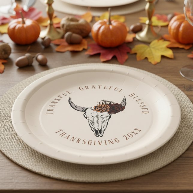Thankful Grateful Blessed Western Thanksgiving Paper Plates (Elegant Country Gothic Fall Floral Cow Skull Thanksgiving Paper Plates. Thankful Grateful Blessed)