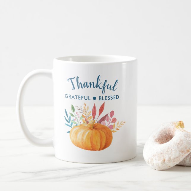 Thankful Grateful Blessed with Orange Pumpkin Coffee Mug (With Donut)