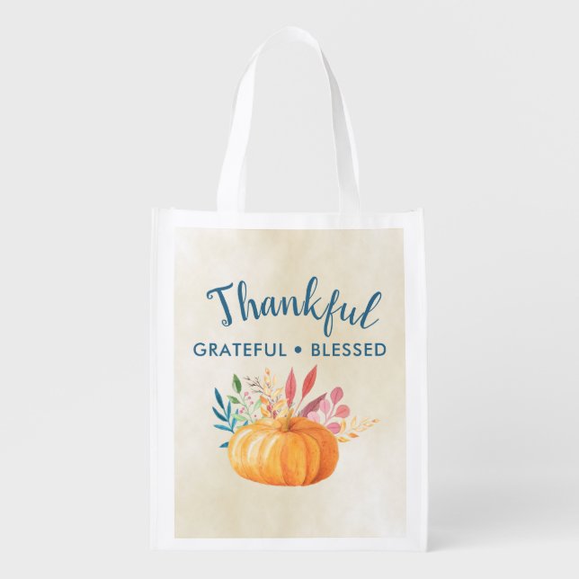 Thankful Grateful Blessed with Orange Pumpkin Grocery Bag (Front)