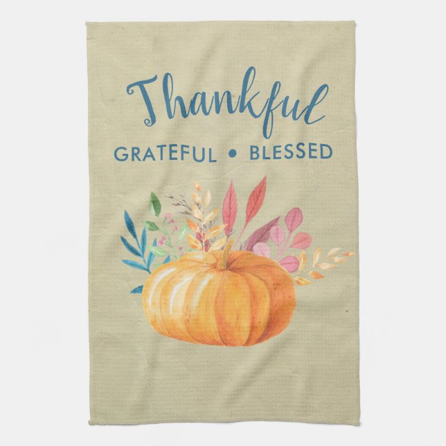 Thankful Grateful Blessed with Orange Pumpkin Kitchen Towel (Vertical)