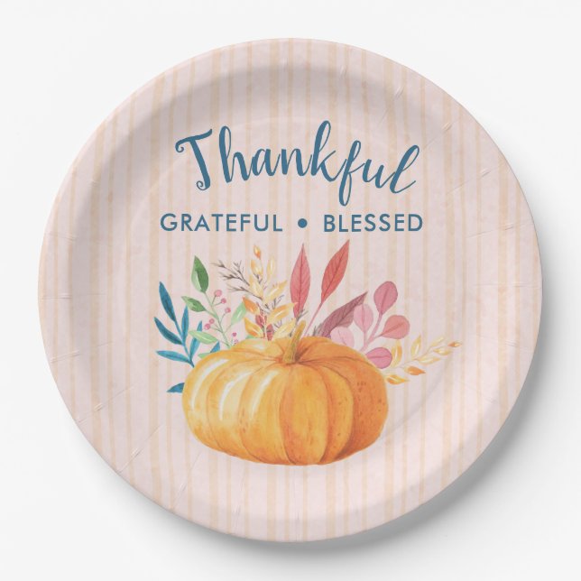 Thankful Grateful Blessed with Orange Pumpkin Paper Plates (Front)