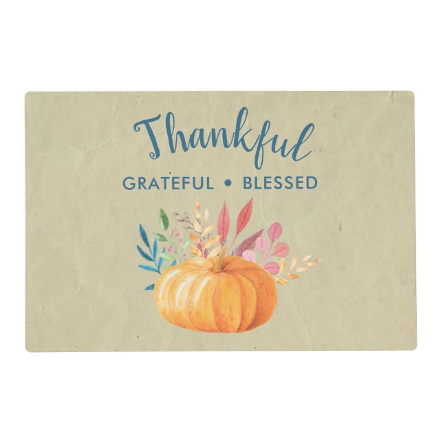 Thankful Grateful Blessed with Orange Pumpkin Placemat (Front)