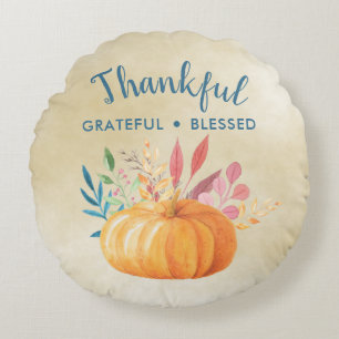 Thankful Grateful Blessed with Orange Pumpkin Round Pillow