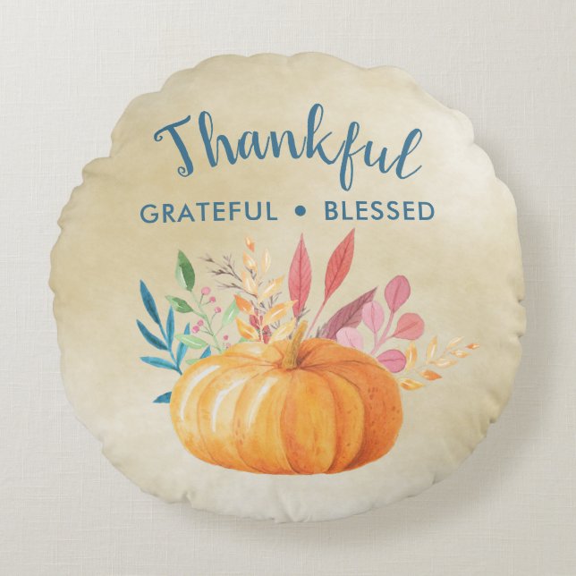 Thankful Grateful Blessed with Orange Pumpkin Round Pillow (Front)