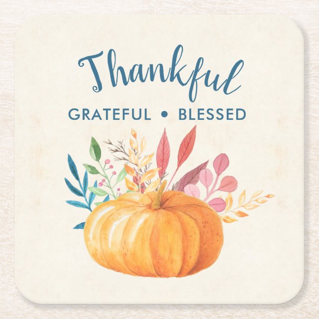 Thankful Grateful Blessed with Orange Pumpkin Square Paper Coaster (Front)