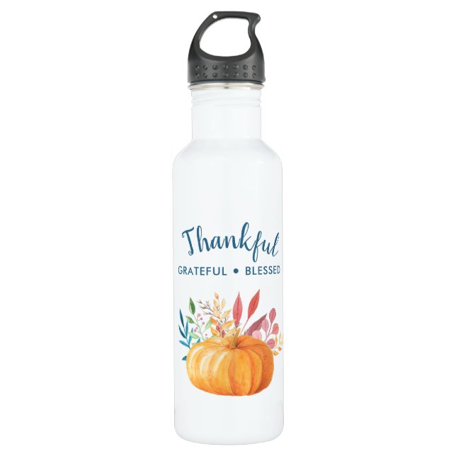 Thankful Grateful Blessed with Orange Pumpkin Stainless Steel Water Bottle (Front)