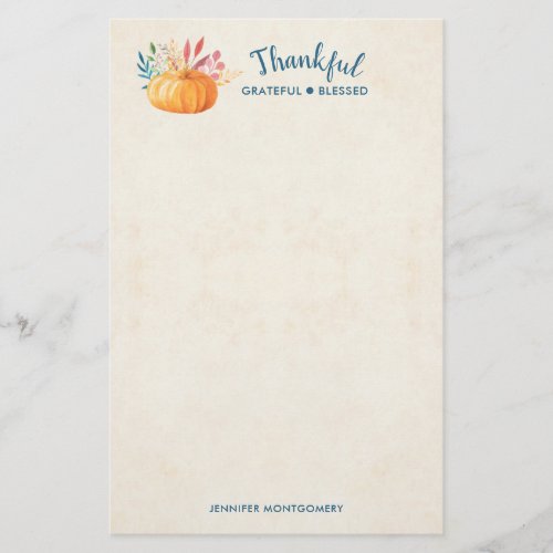 Thankful Grateful Blessed with Orange Pumpkin Stationery