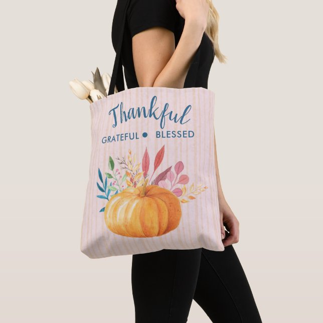 Thankful Grateful Blessed with Orange Pumpkin Tote Bag (Close Up)