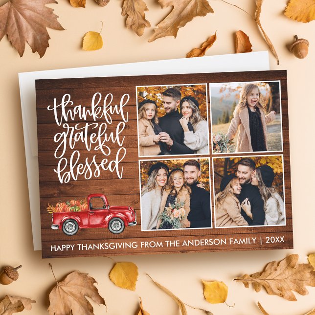 Thankful Grateful Blessed Wood Thanksgiving Truck  Holiday Card (Customize to add text to back of card.)