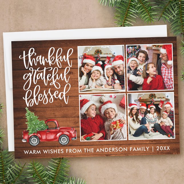 Thankful Grateful Blessed Wood Truck 4 Photo Holiday Card (Customize to add more text or photos to back of card.)