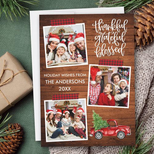 Thankful Grateful Blessed Wood Truck Plaid Tape Holiday Card