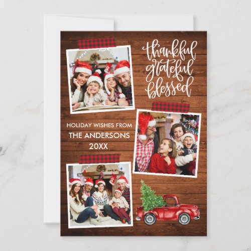 Thankful Grateful Blessed Wood Truck Plaid Tape Holiday Card