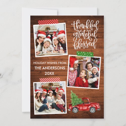 Thankful Grateful Blessed Wood Truck Tape Photo Holiday Card