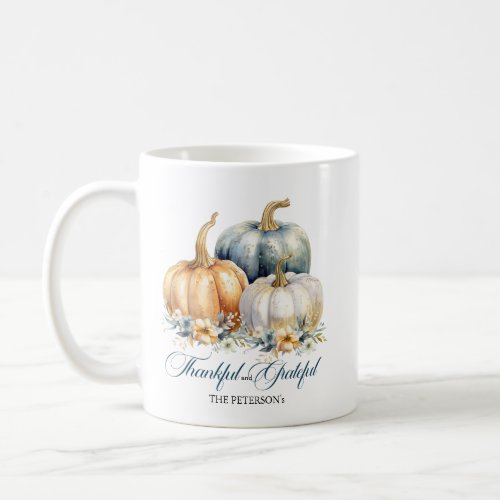 Thankful Grateful Blue Orange Gold Pumpkins Coffee Mug