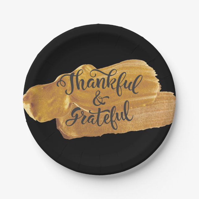 Thankful & Grateful Faux Gold Paint Thanksgiving Paper Plates (Front)