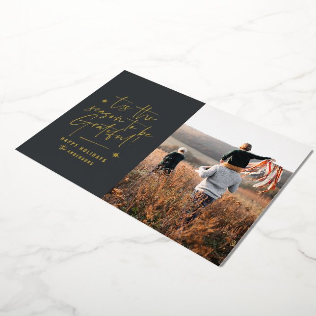 Thankful grateful modern minimal elegant script fo foil holiday card (Rotated)