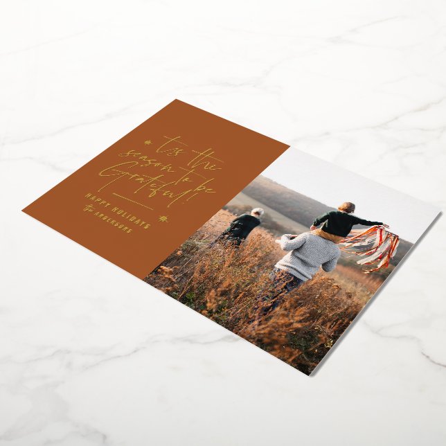 Thankful grateful modern minimal elegant script fo foil holiday card (Rotated)