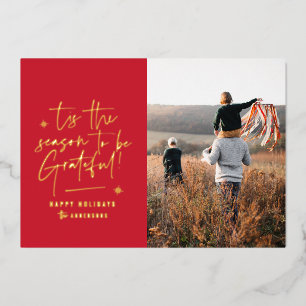 Thankful grateful modern minimal elegant script foil holiday card