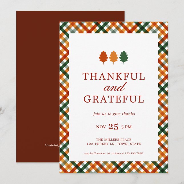 Thankful Grateful Modern Thanksgiving Dinner Party Invitation (Front/Back)