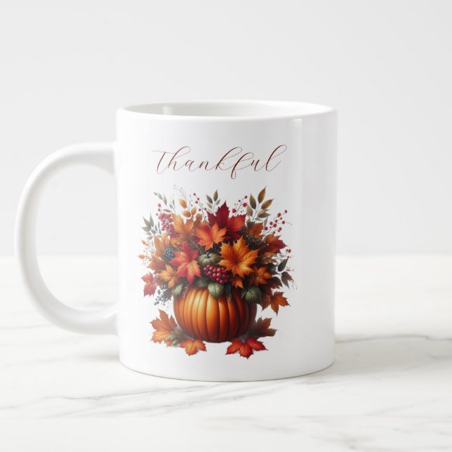 Thankful-Grateful-Pumpkin with Fall Leaves Giant Coffee Mug (Left)