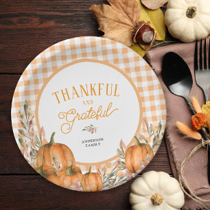 Thankful Grateful Pumpkins Gingham Thanksgiving Paper Plates