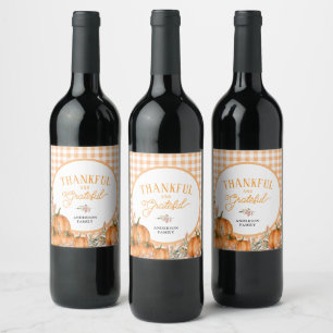 Thankful Grateful Pumpkins Gingham Thanksgiving Wine Label