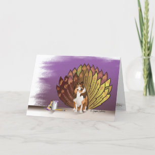 Thankful Grateful Sheltie Turkey Feathers Letterpress Thank You Card