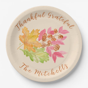 Thankful Grateful Watercolor Leaves and Berries Paper Plates