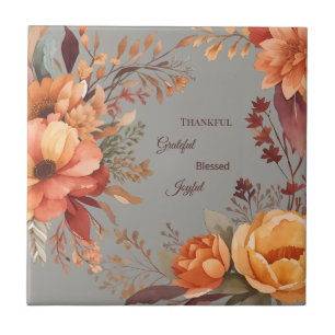 Thankful Grategul Blessed Floral Thanksgiving Ceramic Tile