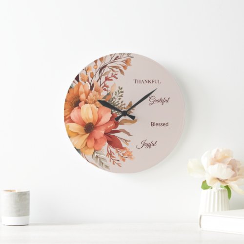 Thankful Grategul Blessed Floral Thanksgiving  Large Clock